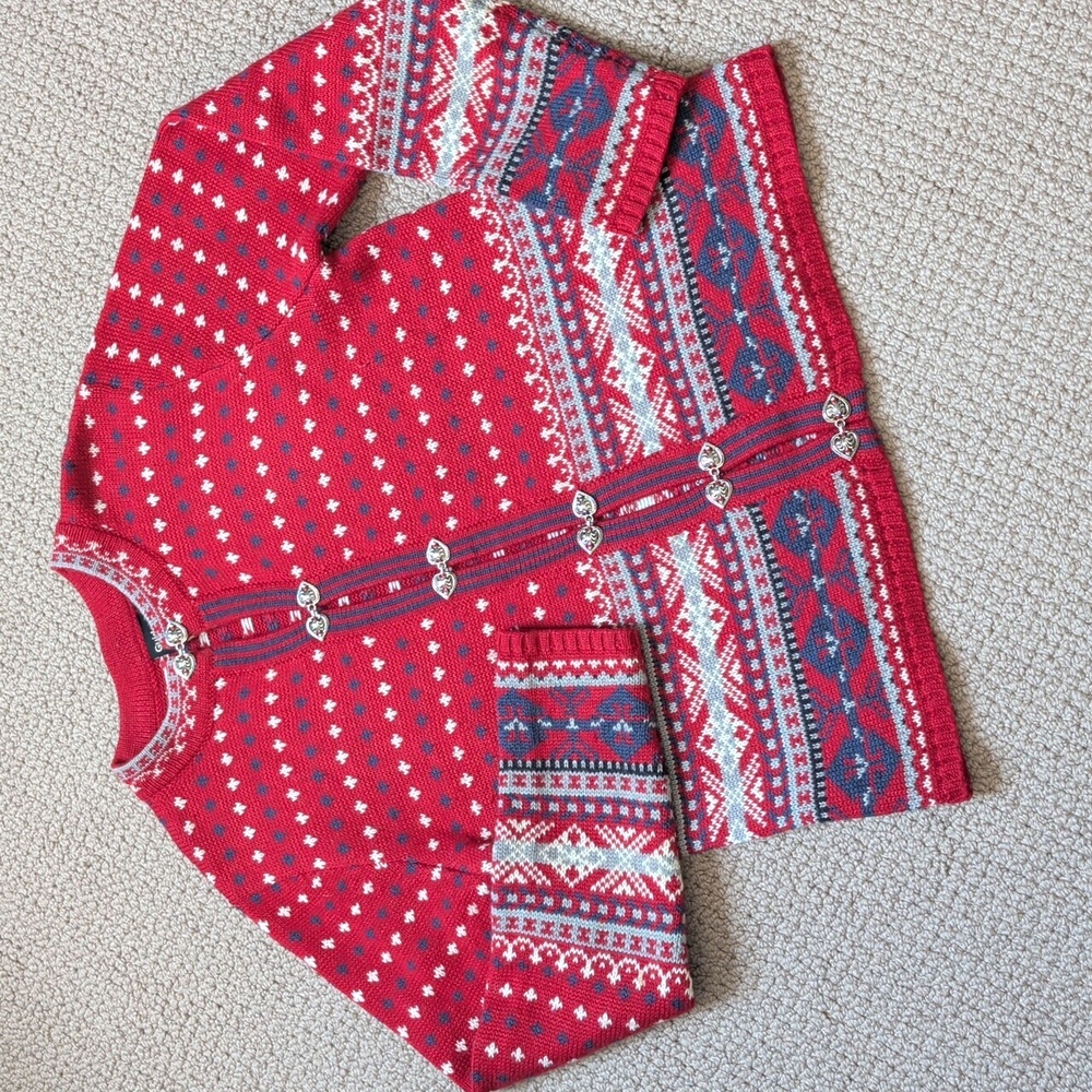 Vintage Fair Isle Wool Sweater Cottagecore Nordic Heart Sliver Clasp Cardigan L